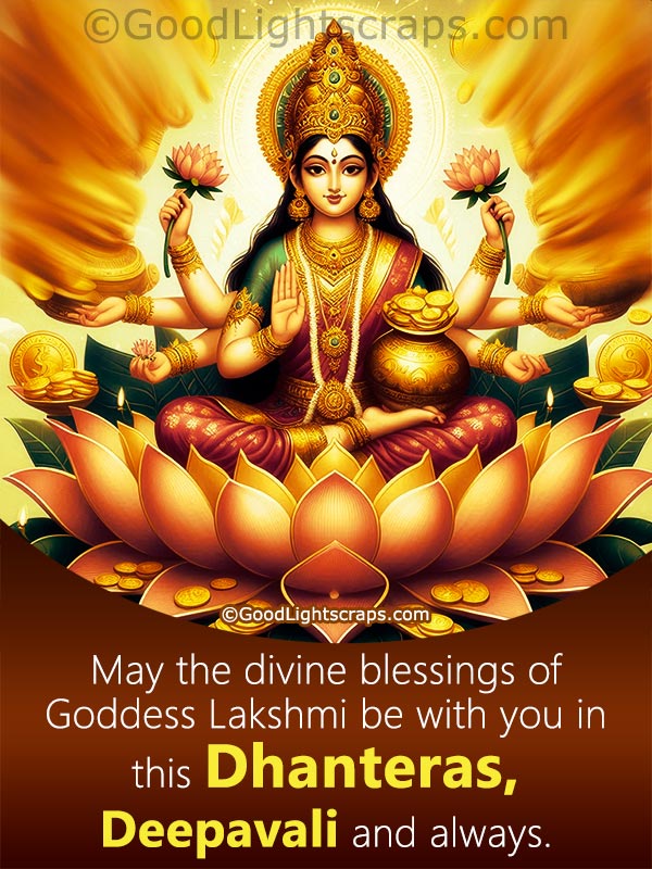 Image of Goddess Lakshmi with dhanteras and deepavali greetings for happiness