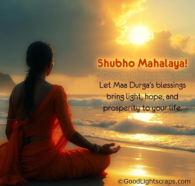 Image A woman is worshipping near ocean and written Blessed Mahalaya in English