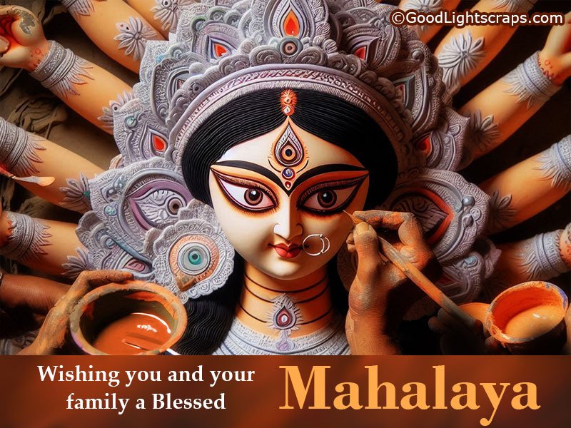 Face of Goddess Durga and written Blessed Mahalaya in English