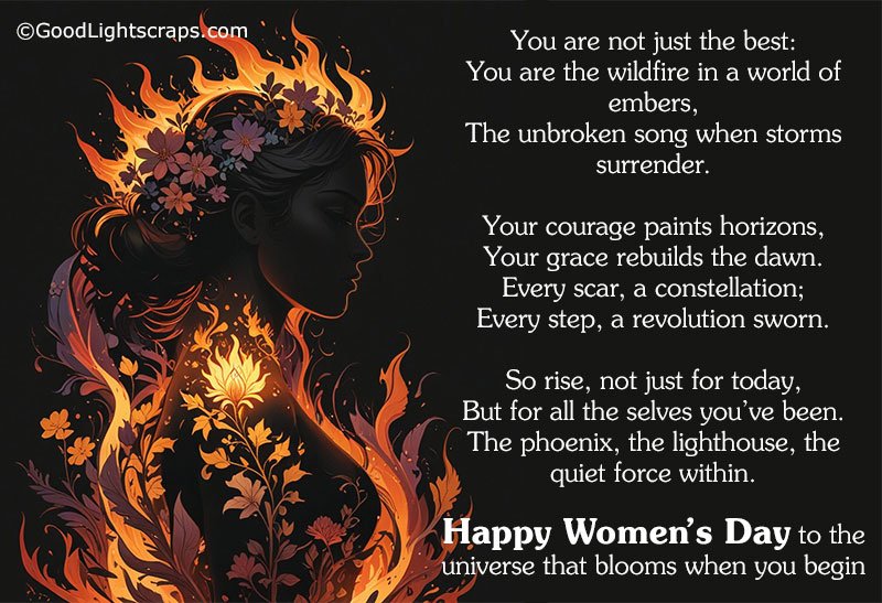 Your grace rebuilds the dawn. Every scar, a constellation; Every step, a revolution sworn. So rise, not just for today, But for all the selves you’ve been. The phoenix, the lighthouse, the quiet force within. Happy Women’s Day to the universe that blooms when you begin. 